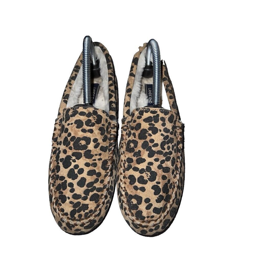 LANDS END Women Animal Print Brown Moccasin Slippers Suede Faux Fur